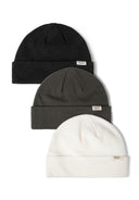 Set of 3 ribbed cuffed beanie hats in black, khaki, and white, front view with subtle badge.