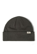 Cuffed khaki beanie hat, ribbed texture, close-up view with logo badge.