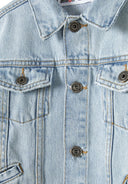 Boys light blue denim jacket, front view with button closure and chest pockets.