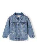 Boys denim jacket in blue, front view with button fastening and chest pockets.