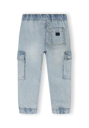 Back view of light blue denim jogger cargo jeans with elasticated waist and multiple pockets.