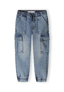 Boys navy denim jogger cargo jeans with elastic waist and multiple pockets, front view.