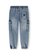 Boys denim jogger cargo jeans in navy, back view with elasticated waistband and multiple pockets.