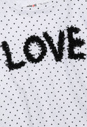 Girls long sleeved top with applique slogan multicoloured 1-8y featuring white polka dot print and textured chiffon 'LOVE' applique. 