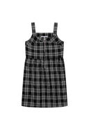 Girls checked zip dress black 3-14y featuring chunky shoulder straps, silver half-zip, and a comfortable tunic-style skirt.