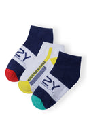 Boys trainer socks 3-pack with stripes and slogans navy 3-14y. Features navy, yellow, white, and red colors with ribbed cuffs. Ideal for active boys.