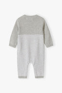 Knitted baby romper long sleeve with chest pocket in grey, featuring a striped pattern. Suitable for infants 0-18m.