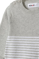 Baby romper knitted long sleeve with chest pocket grey 0-18m. Soft grey knit with white stripes and shoulder snap fastenings.