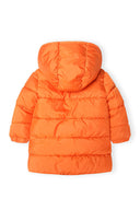 Boys padded jacket with hood and pockets orange 3-14y, featuring a quilted design and durable nylon material. Perfect for cold weather.