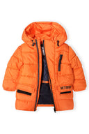 Boys padded jacket with hood and pockets orange 3-14y, featuring quilted padding, a practical hood, and front zip and pocket details.