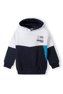 Boys hoodie with contrast panelling navy 3-14y featuring vibrant teal and white panels, soft fabric, and a cozy hood. 