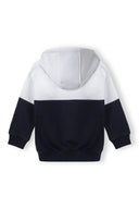 Boys hoodie with contrast panelling navy 3-14y featuring a soft navy and white color block design. Relaxed fit for comfort.