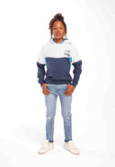 Boys hoodie with contrast panelling navy 3-14y featuring navy base color, soft-lined hood, and printed graphic. Comfort fit for casual wear.