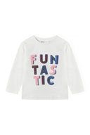 Girls long sleeve jersey t-shirt with foil print cream 1-8y featuring colorful foil letters on a soft cream fabric.  