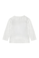 Girls long sleeve jersey t-shirt with foil print cream 1-8y, soft fabric, back view with relaxed fit and drop shoulder sleeves.