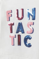 Foil print design with multicolored sequined letters spelling 'FUNTASTIC' on cream long sleeve jersey t-shirt for girls 1-8y.