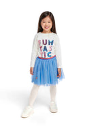 Girls long sleeve jersey t-shirt with foil print cream 1-8y topped with a colorful graphic, paired with a blue tulle skirt. Soft and stylish.