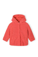 Girls borg fleece hooded jacket coral 1-8y. Soft coral-coloured borg fleece exterior with a cozy satin lining. Ideal for warmth.
