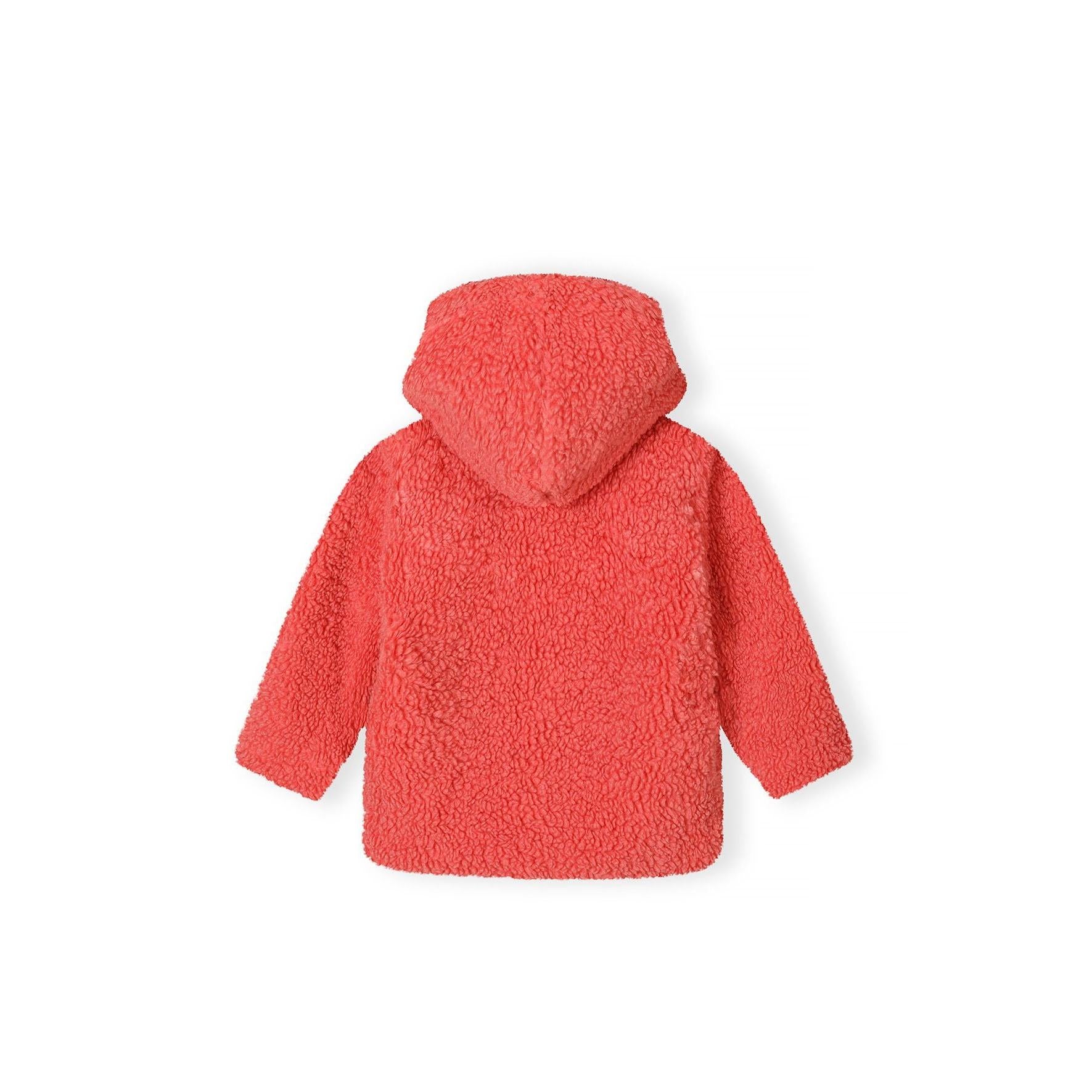Back view of coral borg fleece hooded jacket laid flat showing textured fleece material and hood design against white background