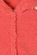 Girls borg fleece hooded jacket coral 1-8y. Soft coral borg fleece texture with a cozy hood for warmth and comfort.