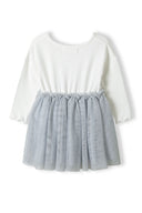 Girls dress glitter print mesh skirt cream 1-8y with soft cream jersey top and layered mesh gray tutu skirt. 