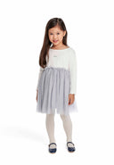 Girls dress glitter print mesh skirt cream 1-8y with long sleeves and layered mesh skirt, perfect for special occasions.