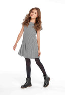 Girls dress dogtooth pattern pleated skirt black 3-14y with short sleeves and comfortable fit. Stylish and versatile for young girls.