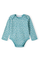 Girls long sleeve bodysuit with popper fastening light pink 0-18m, featuring a fun polka dot design on soft teal fabric. Suitable for babies.
