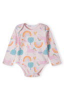 Girls long sleeve bodysuit with popper fastening light pink 0-18m featuring colorful unicorn and rainbow patterns. Comfortable fit.