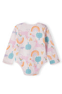 Girls long sleeve bodysuit with popper fastening light pink 0-18m, featuring unicorn and rainbow prints, soft cotton fabric.