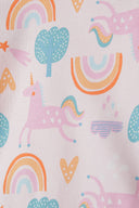Girls long sleeve bodysuit with popper fastening light pink 0-18m featuring whimsical unicorns, rainbows, and trees in vibrant colors.
