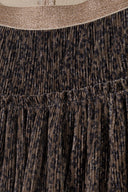 Sparkly pleated fabric with shimmering brown leopard print and a glittery elastic waistband for girls, size 3-14y.