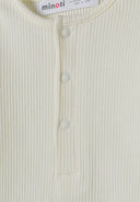 Babies long sleeve romper ribbed cream 0-18m, cream ribbed fabric, soft stretch, designed for infants, featuring snap buttons.