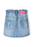 Girls denim skirt elasticated waistband light blue 2-14y featuring a ruched paperbag waist and distressed pockets.