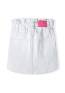 Girls denim skirt with ruched waistband white 2-14y featuring a ruched waistband and back pockets, made from soft white denim.