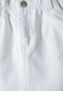 Girls denim skirt with ruched waistband white 2-14y featuring a ruched elasticated waistband and front button closure.