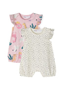 Two-pack girls rompers with frill sleeves, one pink with animal print and one cream with black dots, front view.