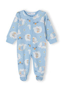 Girls long sleeve sleepsuit in light blue with elephant print, front view, featuring press stud fastening.