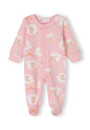 Girls long sleeve sleepsuit in light pink with elephant print, front view, featuring press stud fastening.