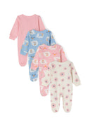 Set of 4 girls long sleeve sleepsuits in various patterns, front view.