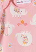 Light pink girls short sleeve bodysuit pack with print featuring elephants and floral designs, made from soft cotton jersey, 0-24m.
