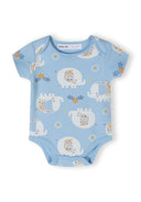 Girls short sleeve bodysuit in light blue with elephant print, close-up view.