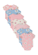 Pack of seven girls short sleeve bodysuits in light pink and blue with various prints, back view.