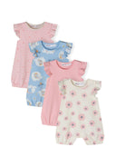 Set of 2 girls' rompers with frill sleeves, light pink and blue patterns, front fasteners.