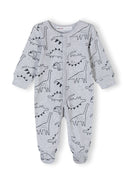 Boys long sleeve sleepsuit in gray with dinosaur print, front view, featuring press stud fastenings and attached feet.