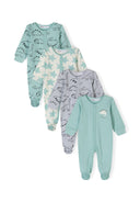 Set of 4 boys long sleeve sleepsuits in mint and assorted prints, front fastening, attached feet.