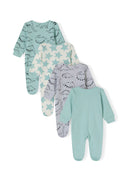 Set of 4 boys long sleeve sleepsuits in mint with assorted prints, back view.