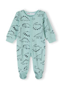 Boys long sleeve sleepsuit in mint with dinosaur print, front fastening and attached feet.