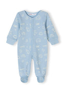 Boys sleepsuits 4-pack light blue with long sleeves built-in feet and press studs 0-24 months featuring playful white prints