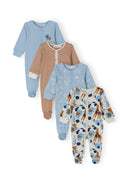 Boys sleepsuits 4-pack light blue with long sleeves built-in feet and press studs 0-24 months in assorted patterns and colors